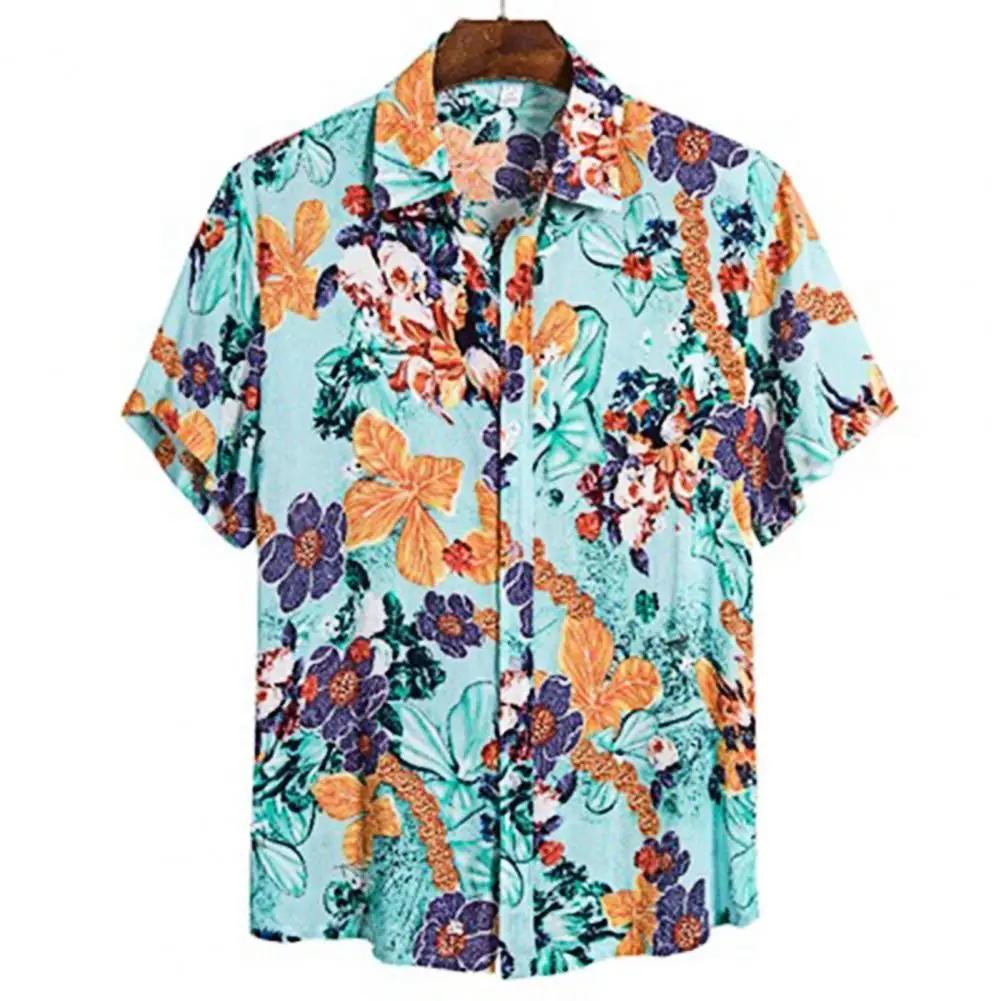 

2021 Summer New Fashion Casual Beach Shirt Floral Print Breathable Men Short Sleeve Turndown Collar Cotton Blend Top for Beach