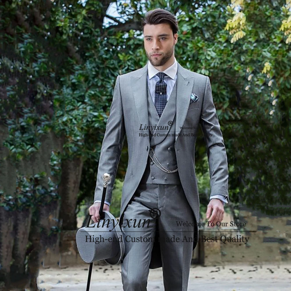 Fashion Gray Mens Wedding Suits Slim Fit Long Groom Tuxedos Formal Banquet Blazer 3 Piece Set Jacket Vest Pants Costume Homme