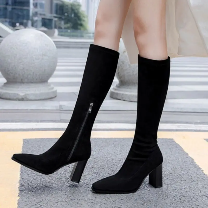 

RIZABINA Women Knee Boots Zipper Thick High Heel Shoes Women Square Toe Winter Warm Long Boot Leather Party Footwear Size 34-39