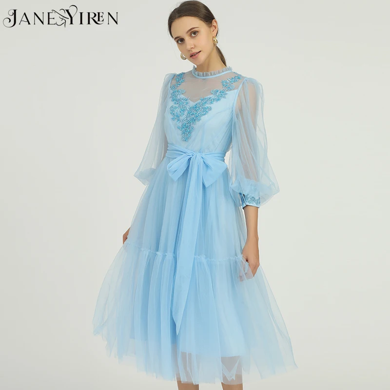 

Модное дизайнерское платье Janeyiren, Осеннее женское платье, сетчатые Элегантные Синие платья для отпуска с рукавами-фонариками и цветочной вы...