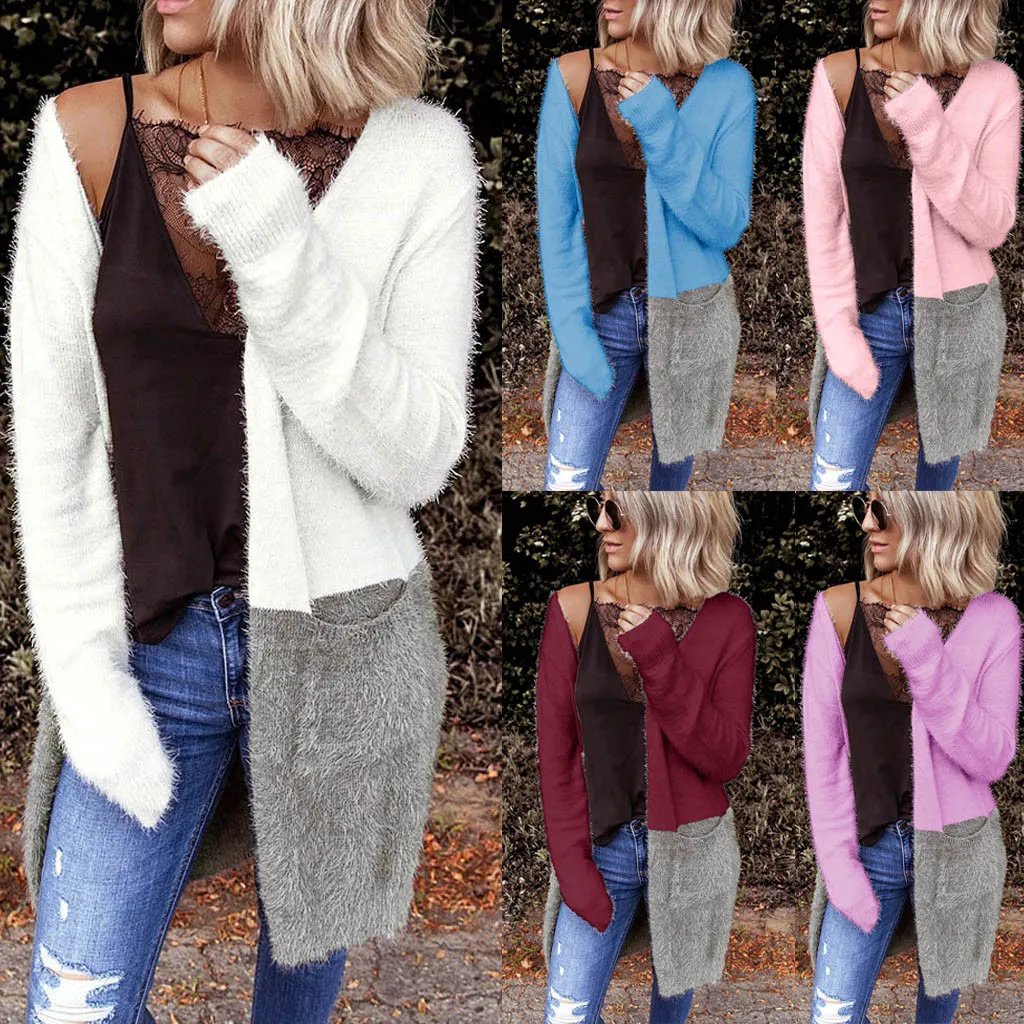 

Women Sweater Coat Plush Jackets Casual Loose Fleece Long Sleeve Patchwork Long Type knitting Cardigans Sweaters Coat Outerwear