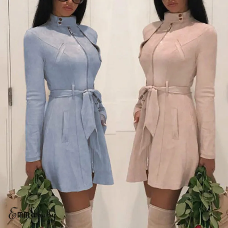 Тренч Женский однотонный бархатное пальто на молнии с завязкой спереди