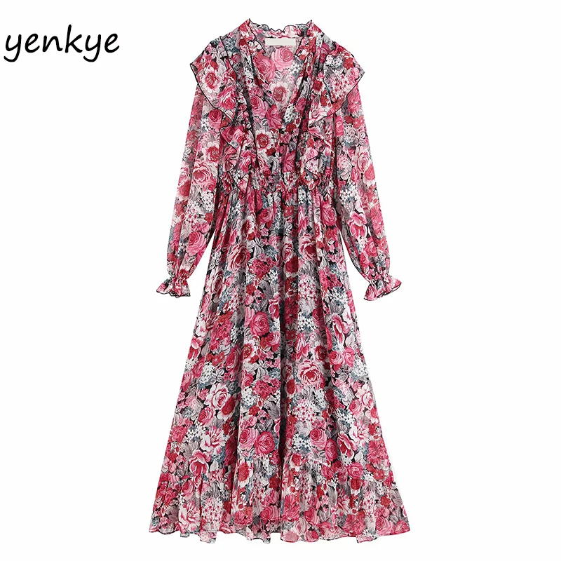 Разноцветное длинное платье макси с цветочным принтом и рюшами женское