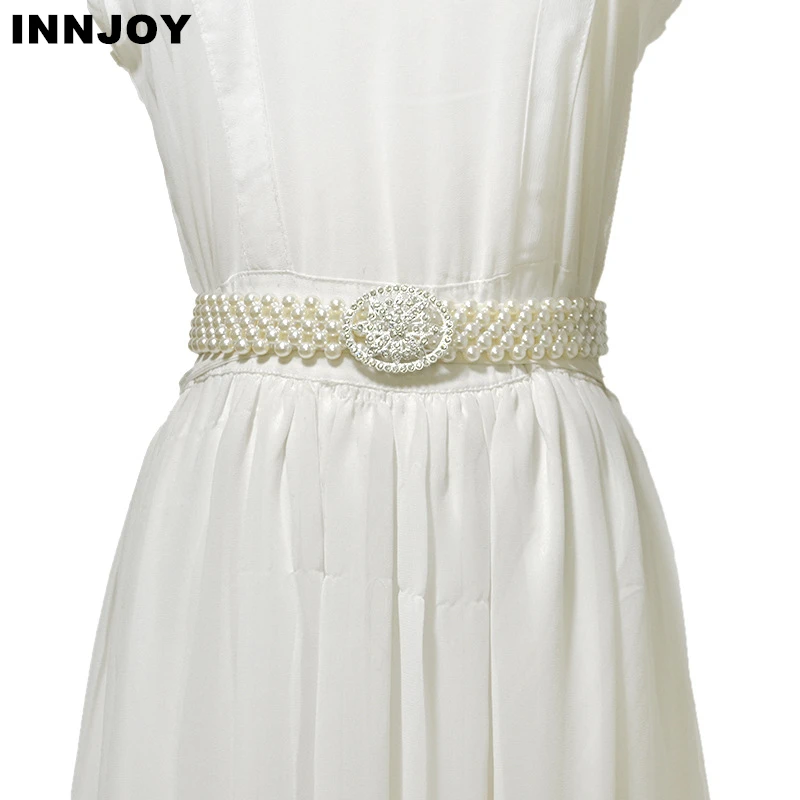 

Women Pearl Waist Chain Elastic Block pearl Rhinestone Decor Belt Girls Multi Style Match Dress Waistband For Female