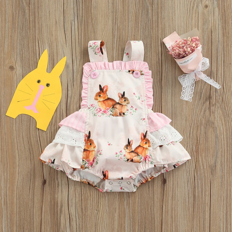 

Kid Girls Easter Bunny Print Strap Romper Summer Jumpsuit Cute Rabbit Print Ruffled Sleeveless Easter Strap Jumpsuit