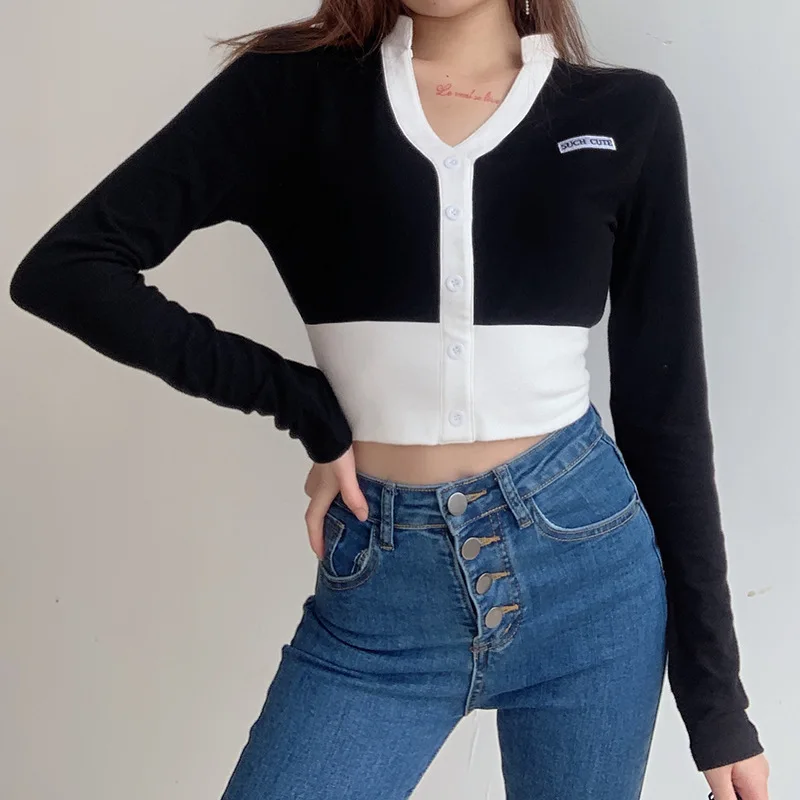 Укороченный женский топ в стиле пэчворк футболка с длинным рукавом и V образным вырезом уличная одежда