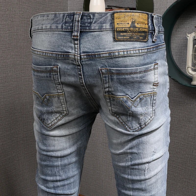 Fashion Ripped Light Blue Jeans Men Summer Streetwear Casual Cotton Slim Fit Stretch Denim Pants