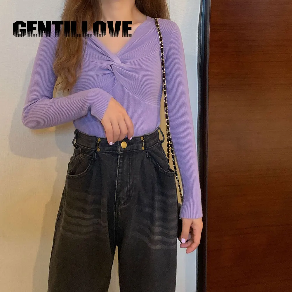 

Женский трикотажный свитер с V-образным вырезом и длинным рукавом