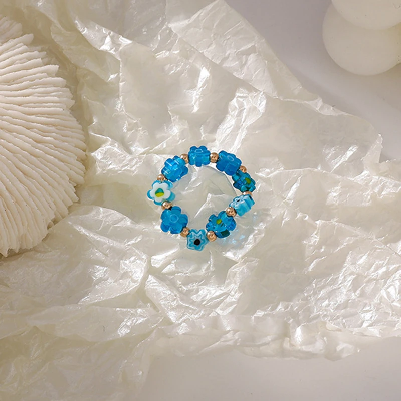 

South Korea's New Style Retro Hand-woven Beaded Elastic Ring Colored Glass Flower Pattern Women Vintage Finger Joint Ring Female