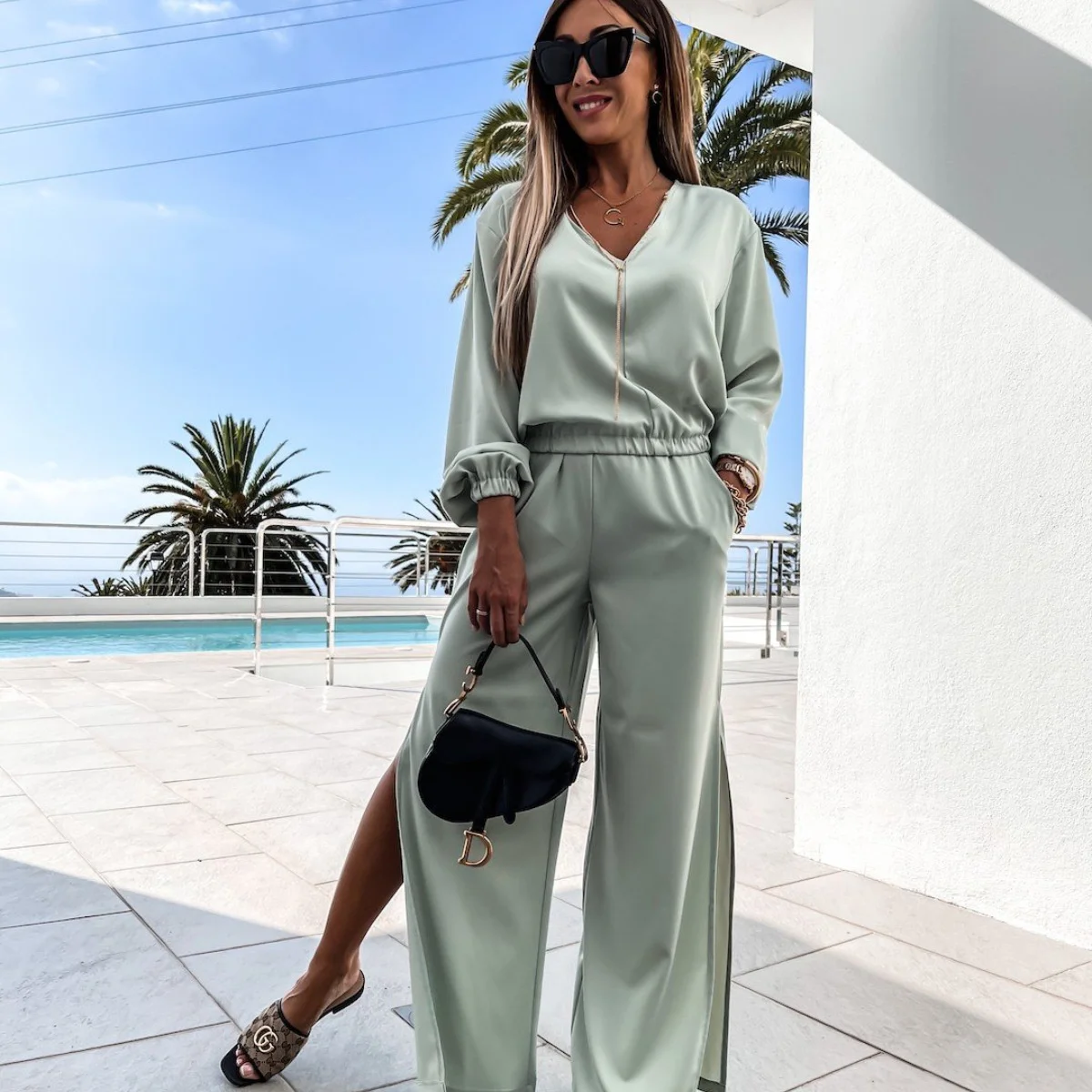 

Women's 2021 Summer New V-neck Long Sleeve Leisure Sports Suit Two-piece Set Women Sets Clothes 2021 Fashion Women