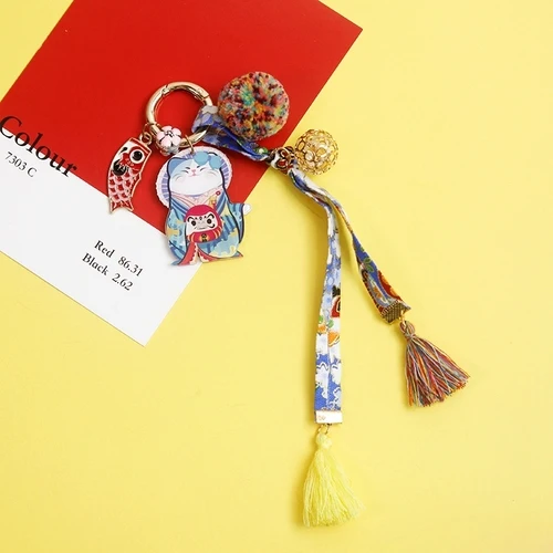 X699 1pcJapanese originalhandmade с вышитыми цветами Кот приносящий удачу Манеки Неко сумка для ключей подвеска с помпоном llaveros - Цвет: X699