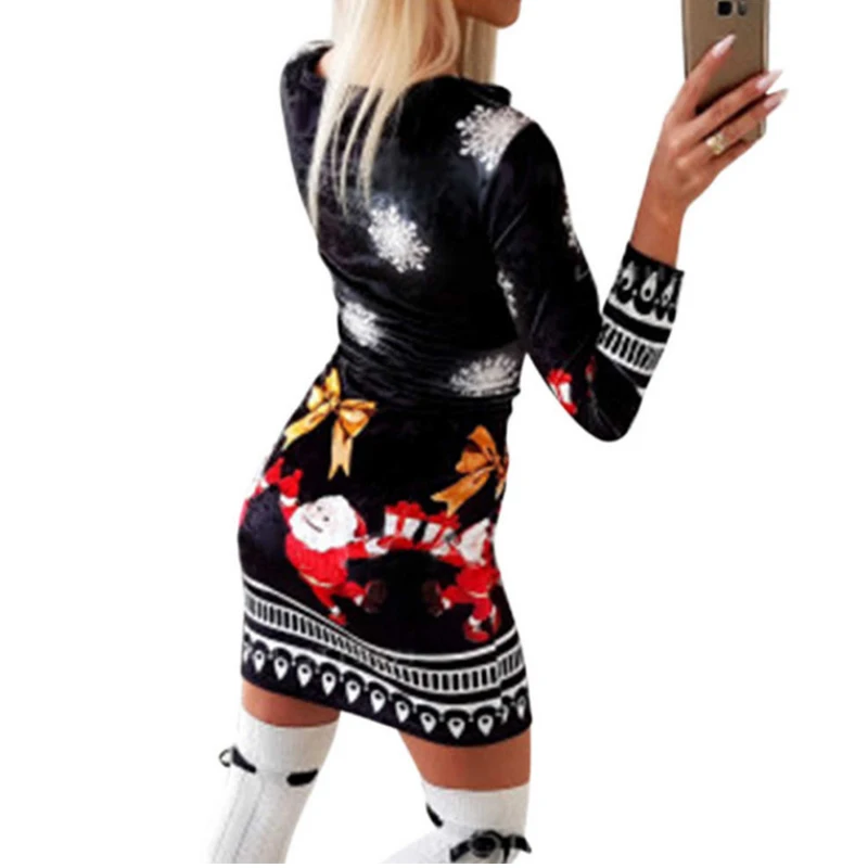 

New Santa Claus Clothes Sexy Women Christmas Dresses Autumn Winter Long Sleeve Round Neck Christmas Elk Printed Dress Plus Size