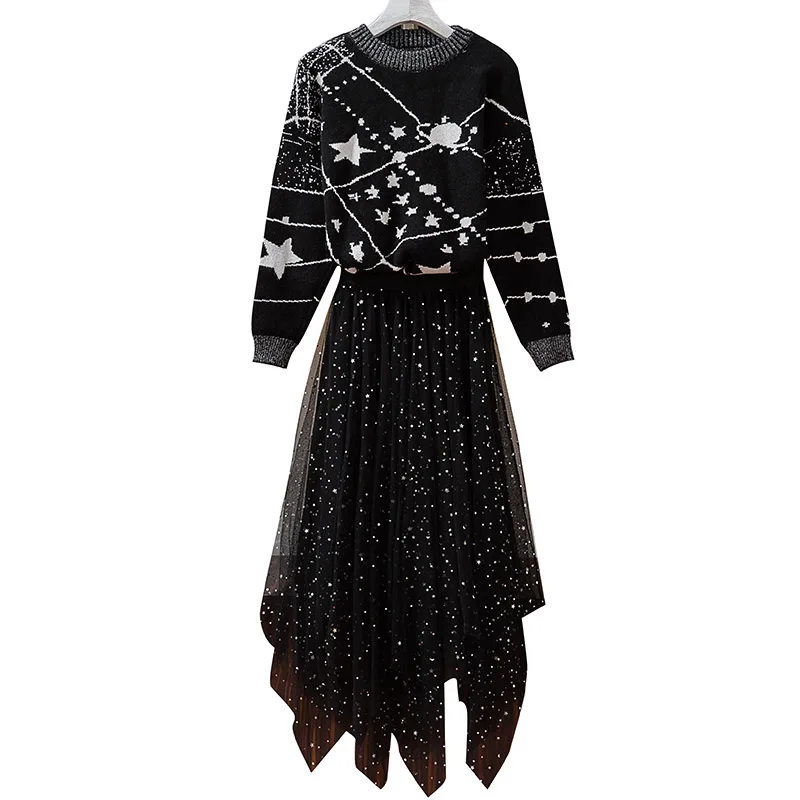 Женские газовые Юбки Костюмы звезды черный свитер сетчатые юбки с пайетками