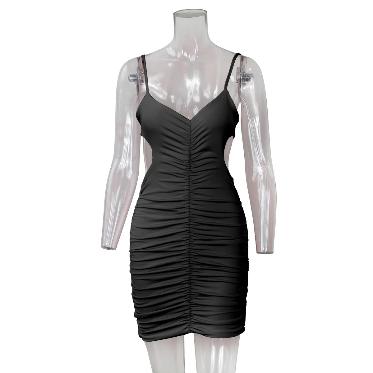 

VIIANLES Summer Backless Folds Office Lady Clothes Mini Sleeveless Black Sexy Spaghetti Strap Dress Hollow Women Short Vestidos