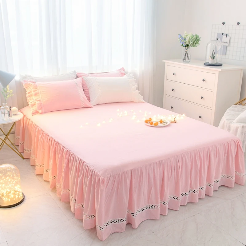 

Korean Pink Princess Bedding Sets Bedspread 3/4pcs queen king Duvet Cover Ruffles Lace Bedclothes 100% Washing cotton Bed Skirt
