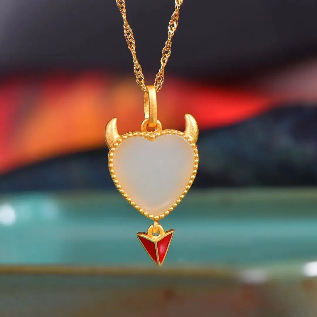 

Natural 925 Silver Inlaid Hetian Jade Devil Heart Pendant