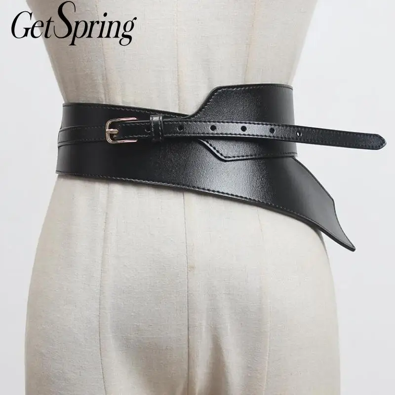 

GetSpring Women Cummerbunds Genuine Leather Wide Belts Simple Black Wide Waistband All Match Elastic Waistband Fashion Corset