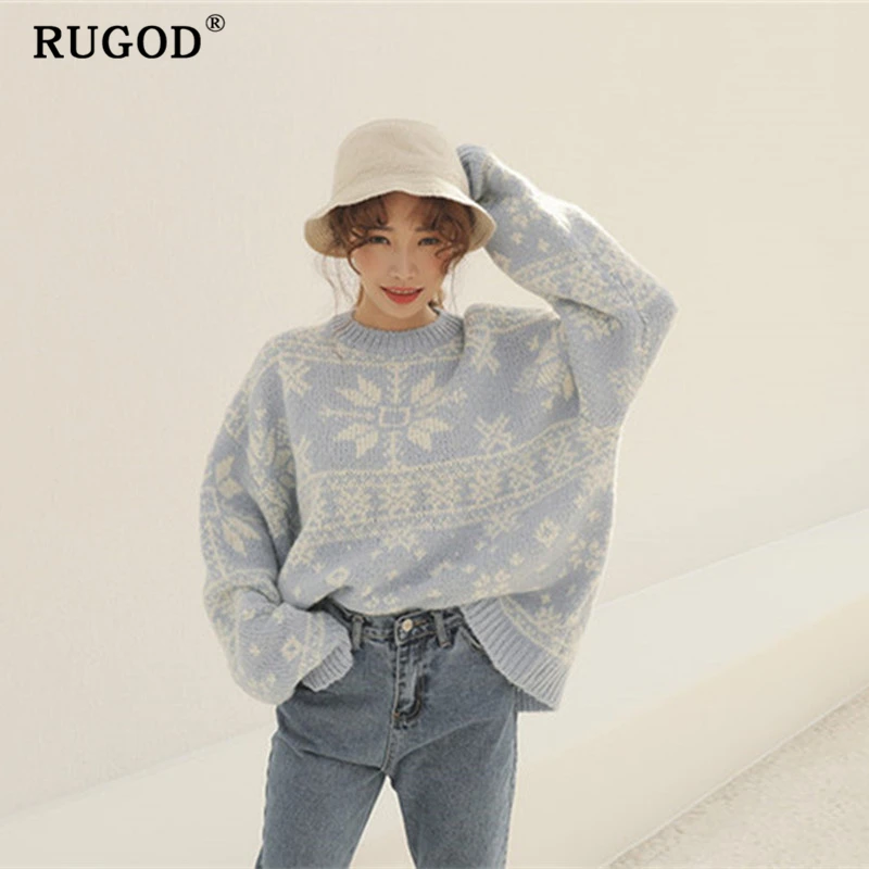 RUGOD Fashion knitted Christmas sweater women Korean chic batwing sleeve loose winter warm pullovers 2019 Casual printed | Женская