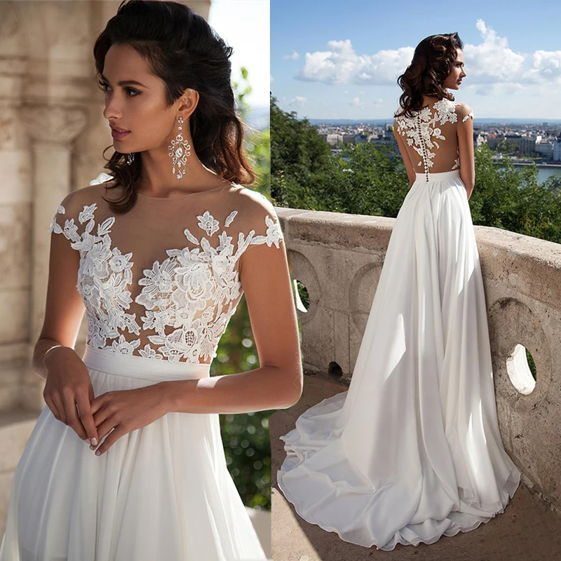 

New Arrivals Sexy Sheer Neck Slits Aline Sleeveless Bridal Gowns Fashion Elegant Lace Long Beach Wedding dress vestido de noiva