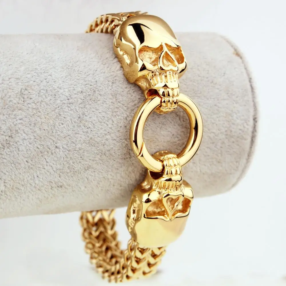 

Two Skull Heads Bracelet for Hip Hop Rock Men 316L Stainless Steel Gold Tone Bracelet Jewelry Gift