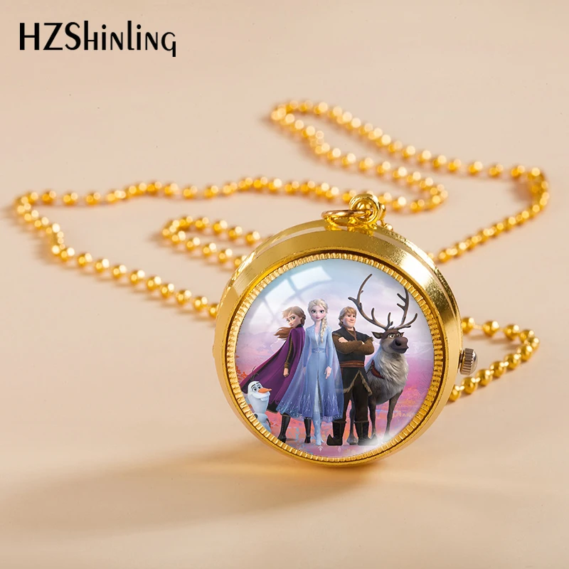 Elsa and Anna Snow Queen Gold Color Pocket Watch Glass Cabochon Pendants Fashion Jewelry Necklace