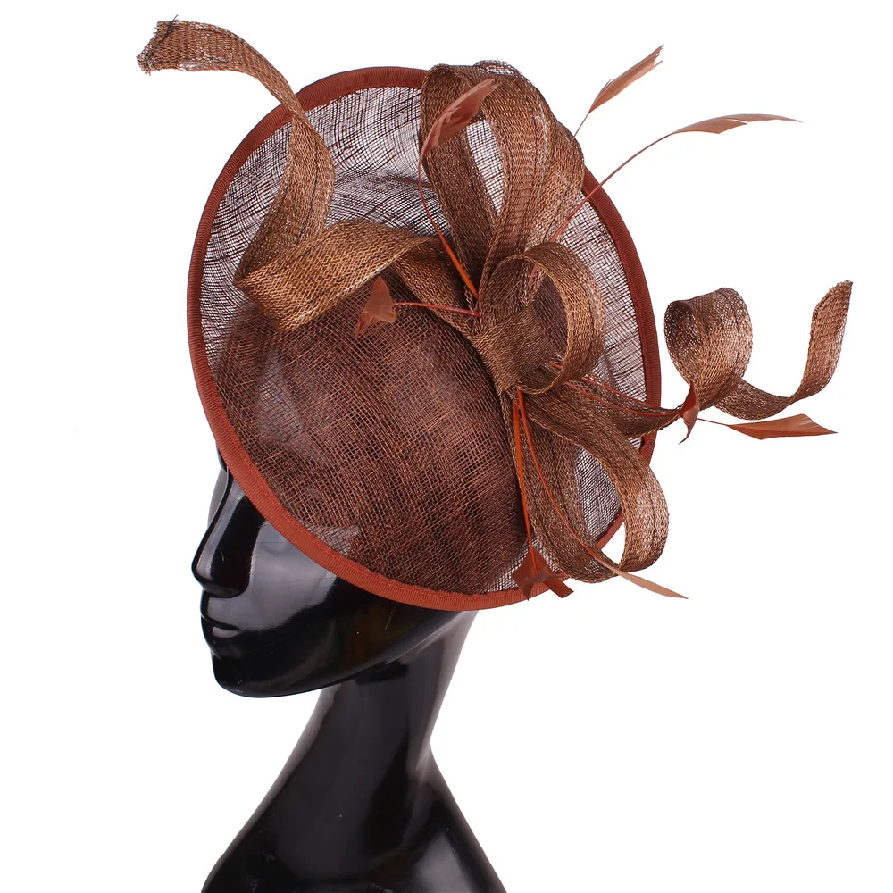 

Brown Sinamay Fascinators Wedding Hats Millinery Bridal Married Fedora Feather Headwear Party Tea Royal Linen Hair Accessories