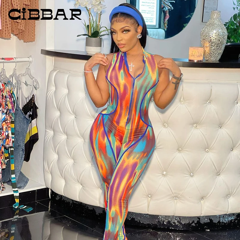 

CIBBAR Colorful Printed Bodycon Jumpsuit Women Summer Sexy Sleeveless Slim Party Clubwear One Piece Female Casual Sport Outfits