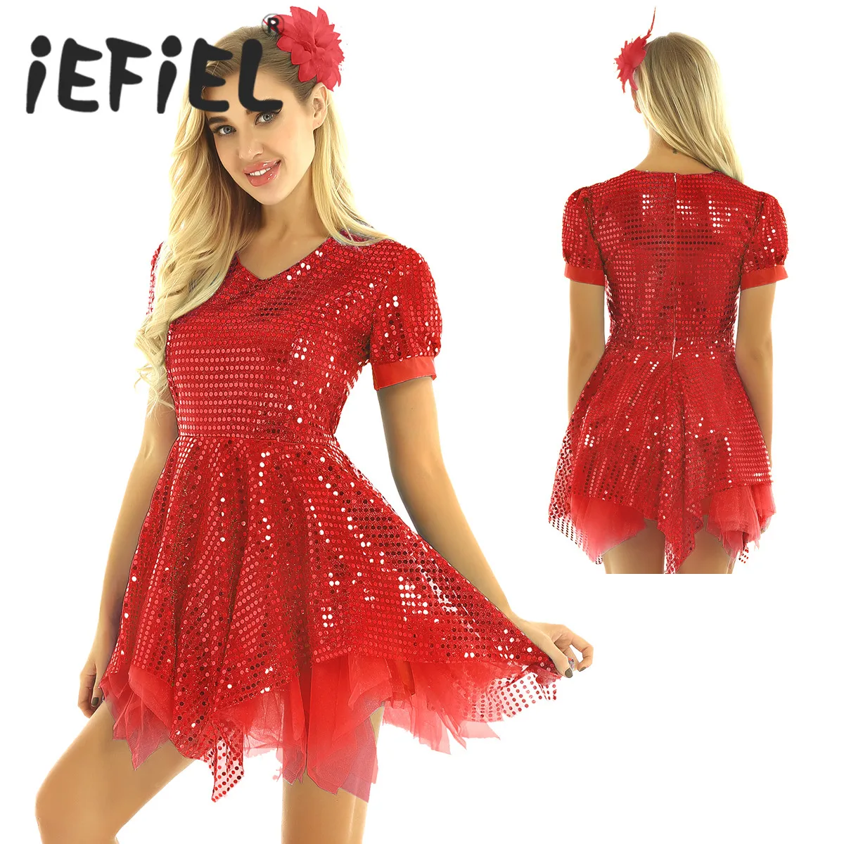 Женские взрослые Блестящие Блестки V шеи Короткие Асимметричные сетки Тюль