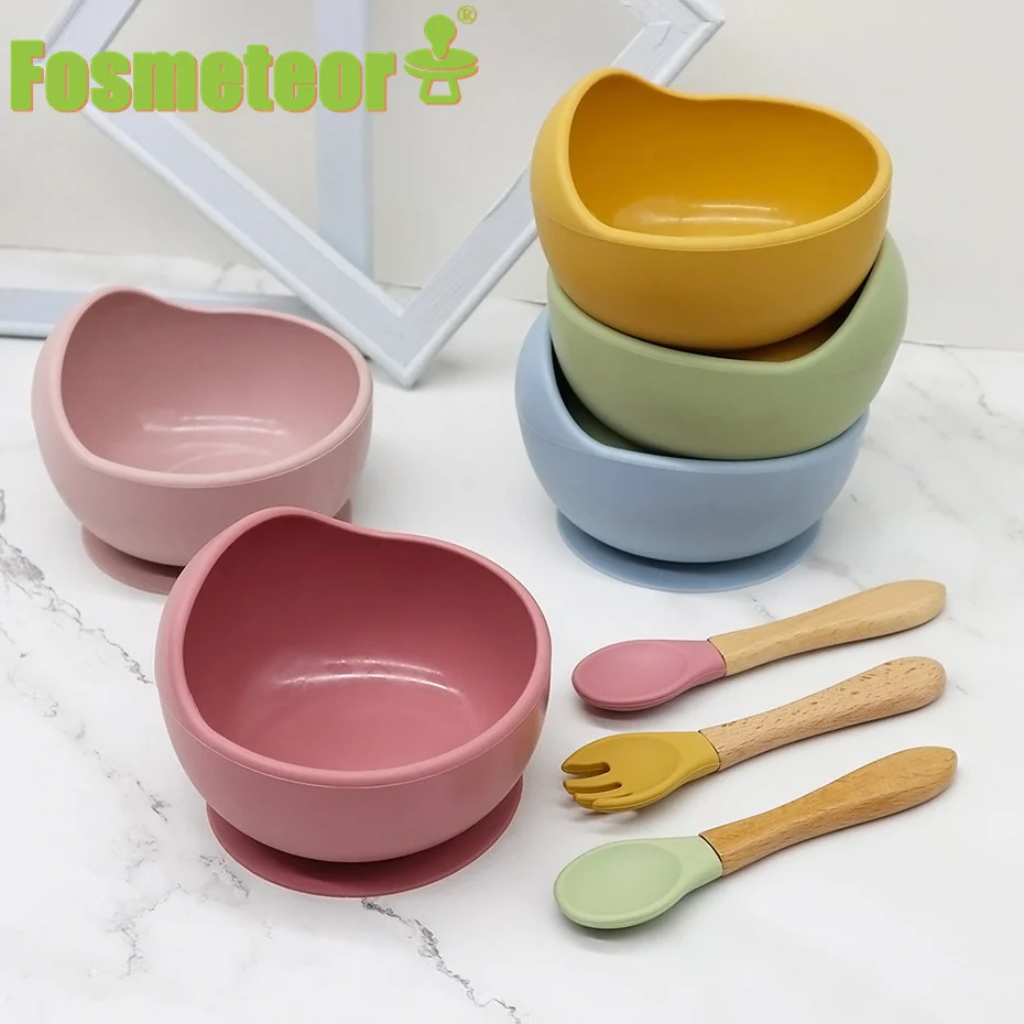 

Fosmeteor New Silicone Baby Feeding Bowl Tableware Waterproof Spoon Non-Slip Crockery BPA Free Silicone Dishes For Baby Bowl
