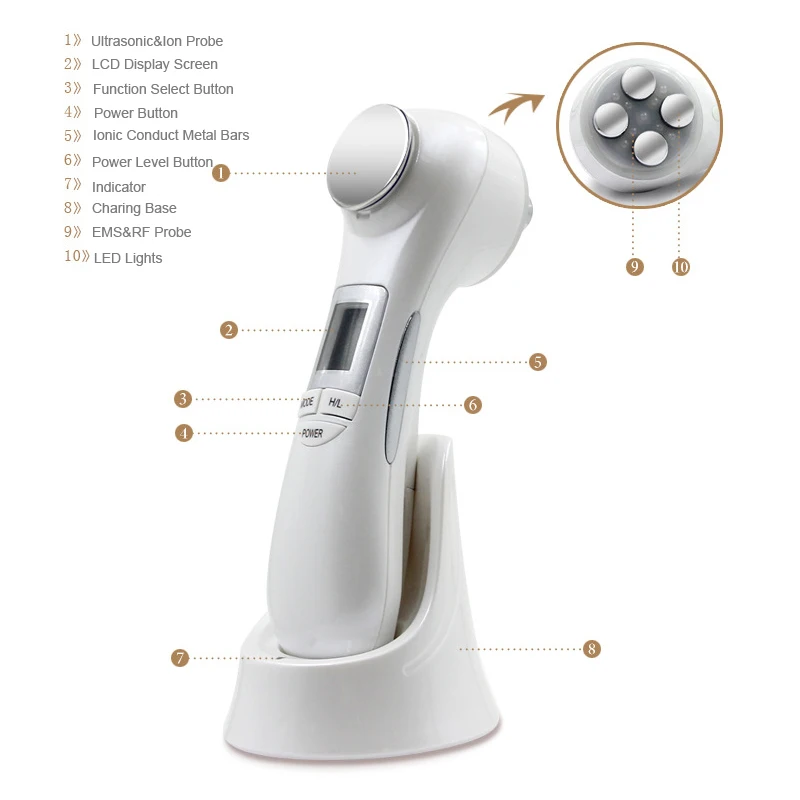 Светодиодный фотон RF лифтинг ультразвуковой массажер для лица Уход за кожей EMS