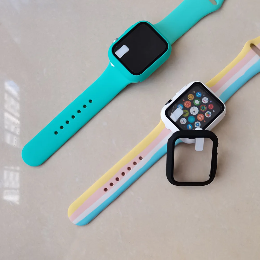 

Glass+Case+Strap For Apple Watch Band Case 44mm 40mm Watchband 42mm 38mm Silicone Smartwatch Bracelet iWatch Series 6 5 Se 4 3 2