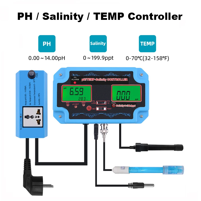 

Professional PH Controller 3 in 1 Salinity TEMP Meter Monitor Seawater Horticulture Water Quality Tester Salimeter Acidimeter