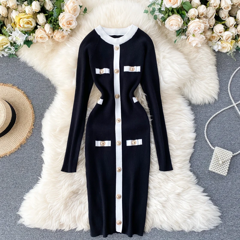 

Runway Fall Winter Women's Hepburn Striped Single Breasted Knitted Sweater Streetwear Luxury Slim Elegant Dress Vestido