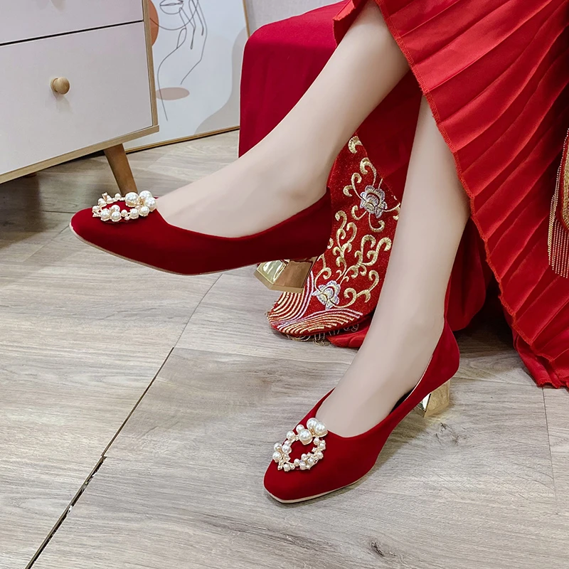 

NEW Arrival 2021 Spring and Autumn Trendy Hot Style Ladies Single Shoes Wild Ladies Square Toe Comfortable Red High Heels Size40