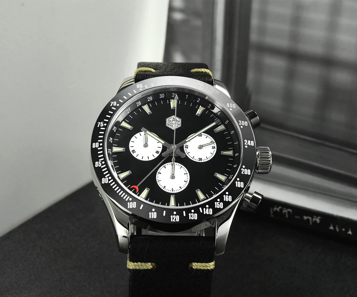 Lugyou San Martin Quartz Watch Men Chronograph Timepiece Sun ray Metal Band Sub Dials Pusher Sapphire 100m Water Resistant Glow