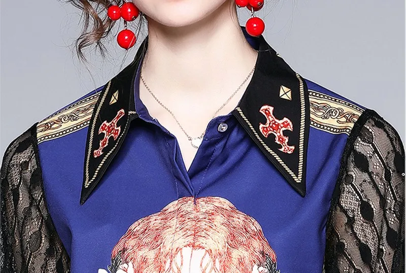 

2021 summer Fashion Runway Shorts sets Women Lace Patchwork Long Sleeve Shirt Tops + Vintage Printed Shorts Two Pieces Sets