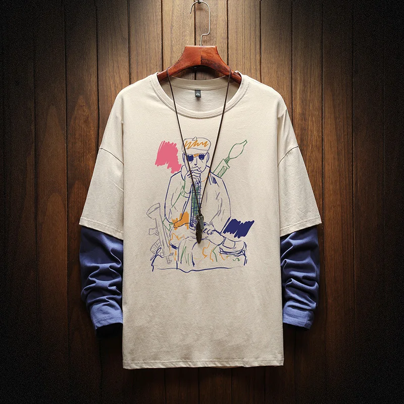 

Hihoodie Spring New Splicing Men Long-Sleeved Top T-Shirt Loose Round Neck Breathable Top Sweatshirt Big Sweatshirt For Men