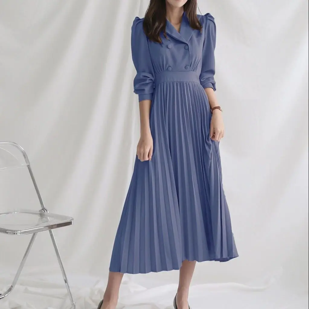 

Summer Korean Chic Ladies Pleated Dress French Elegant Lapel Double Breasted Thin High Waist Long Suit Dress Female 2021 New