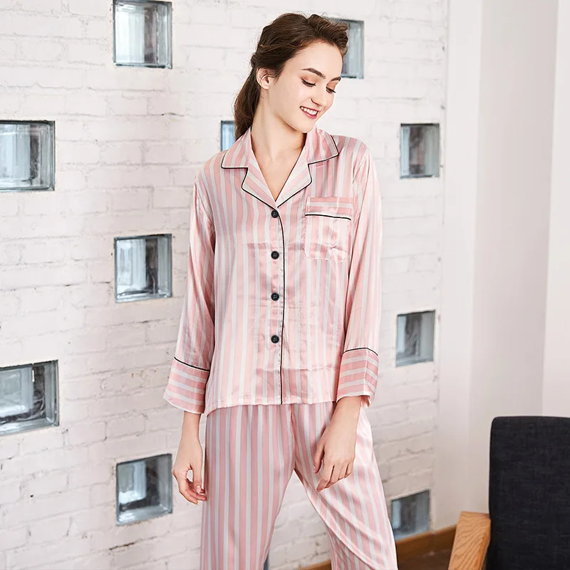 

Pink Striped Pajamas Suit For Women 2PCS Sleepwear Satin Nightwear Casual Intimet Lingerie Pijamas Silky Pyjamas Lounge Wear