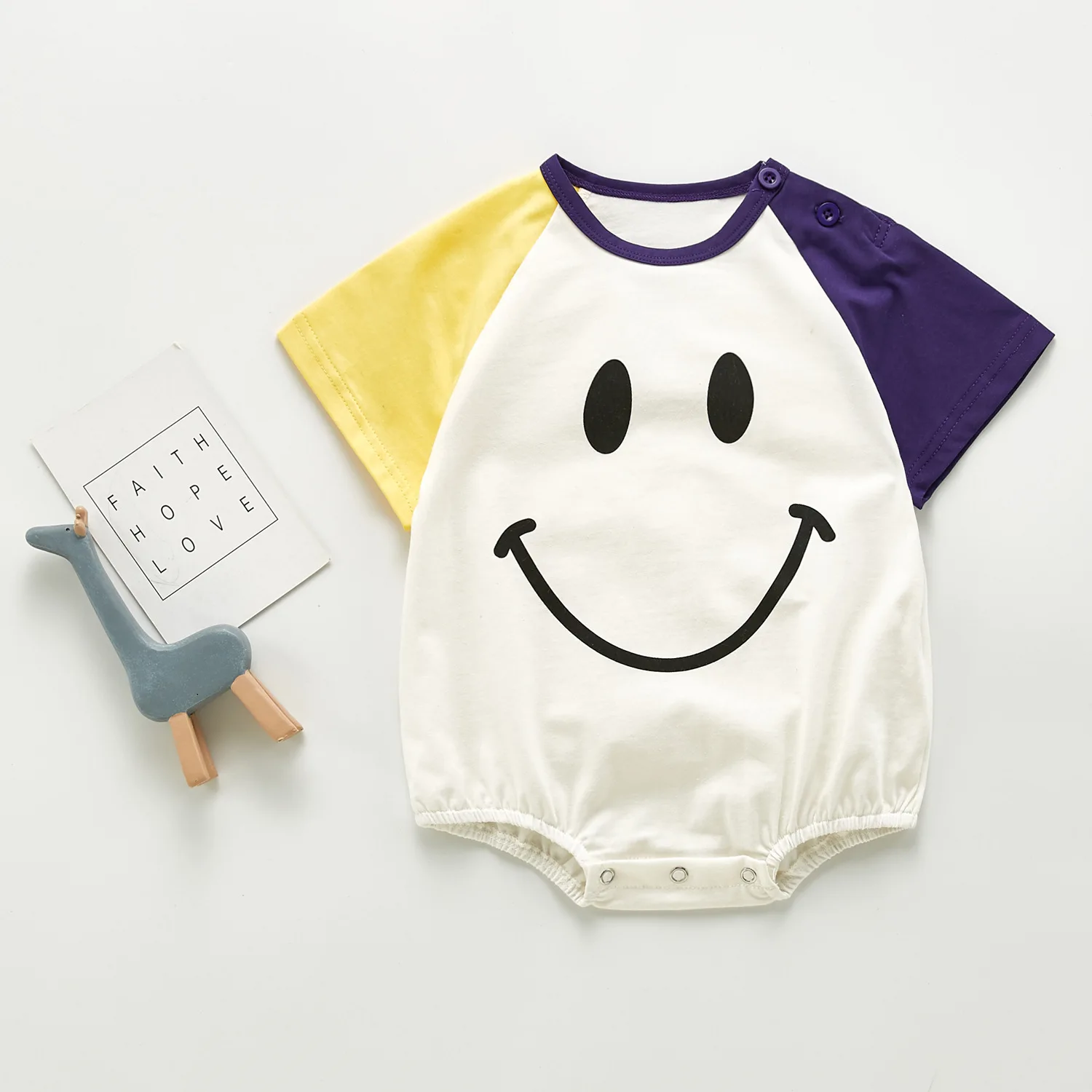 

Brand Children's Clothing 2021 Summer New Baby One-piece Cute Smile Cartoon Short Sleeve Triangle Climbing Suit