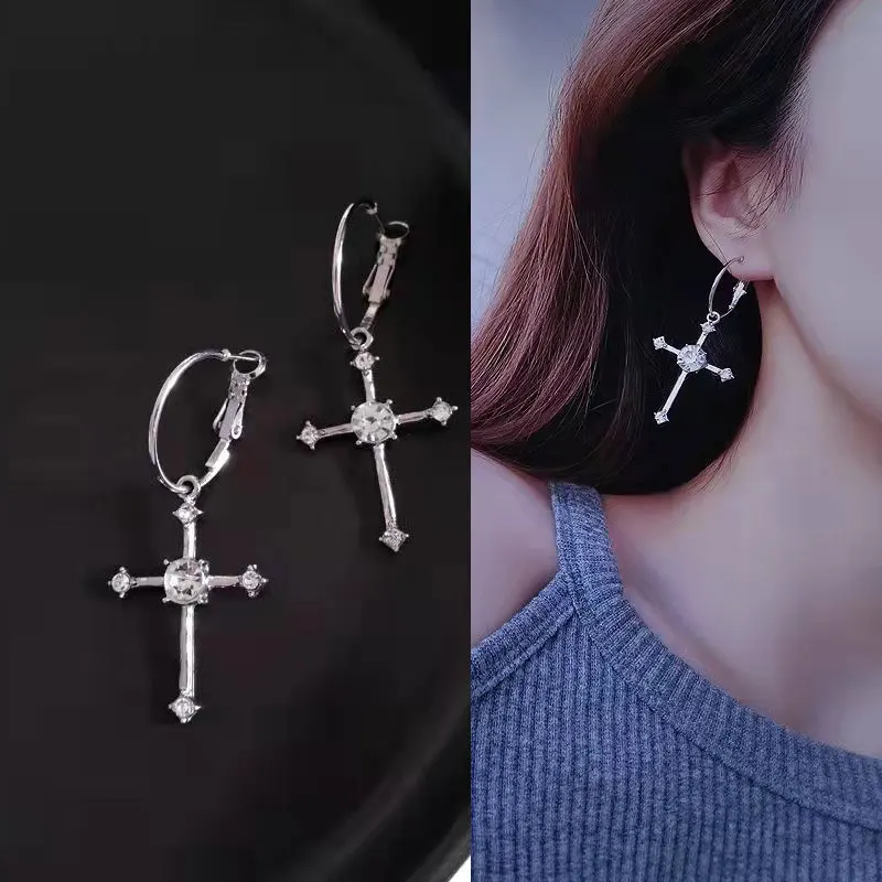 

S925 Silver Needle Diamond Hoop Earrings for Women 2021 Trend Fashion Korean Style Drop Cross Earrings Dangle for Men Grunge