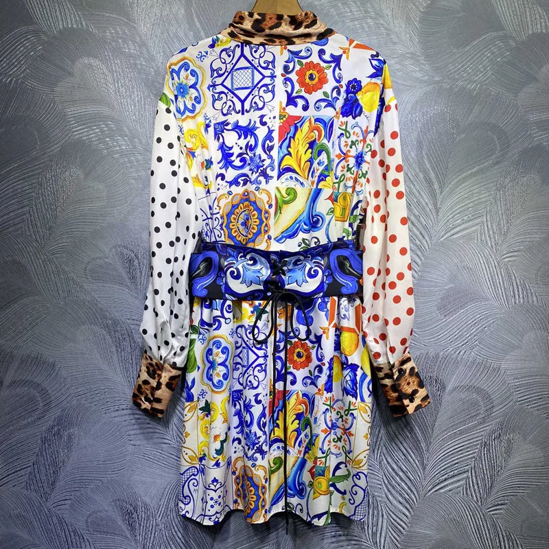 

2021 Spring Fashion Floral Print Shirt Dress Runway High Quality Lantern Sleeve Loose Casual Robe Femme Women Vintage Vestidos