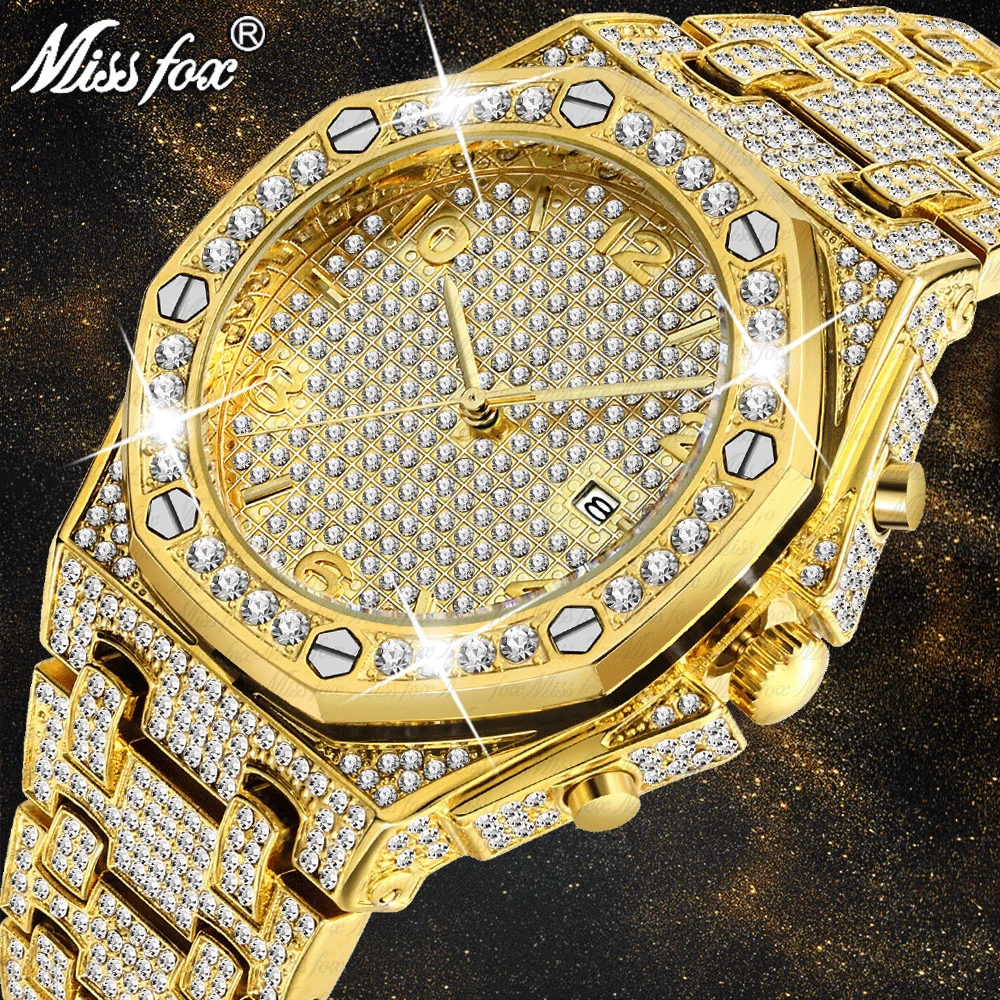 

Mens Watches Top Brand Luxury Watch Men Trending Unique FF Arabic Diamond Watch 18k Gold Quartz Iced Out Mens Chronograph Watch