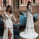 Lakshmigown неопрен белое шифоновое длинное свадебное платье в стиле бохо с рукавами 2022 Robe Mariage гражданское свадебное платье с высоким Боковым Разрезом