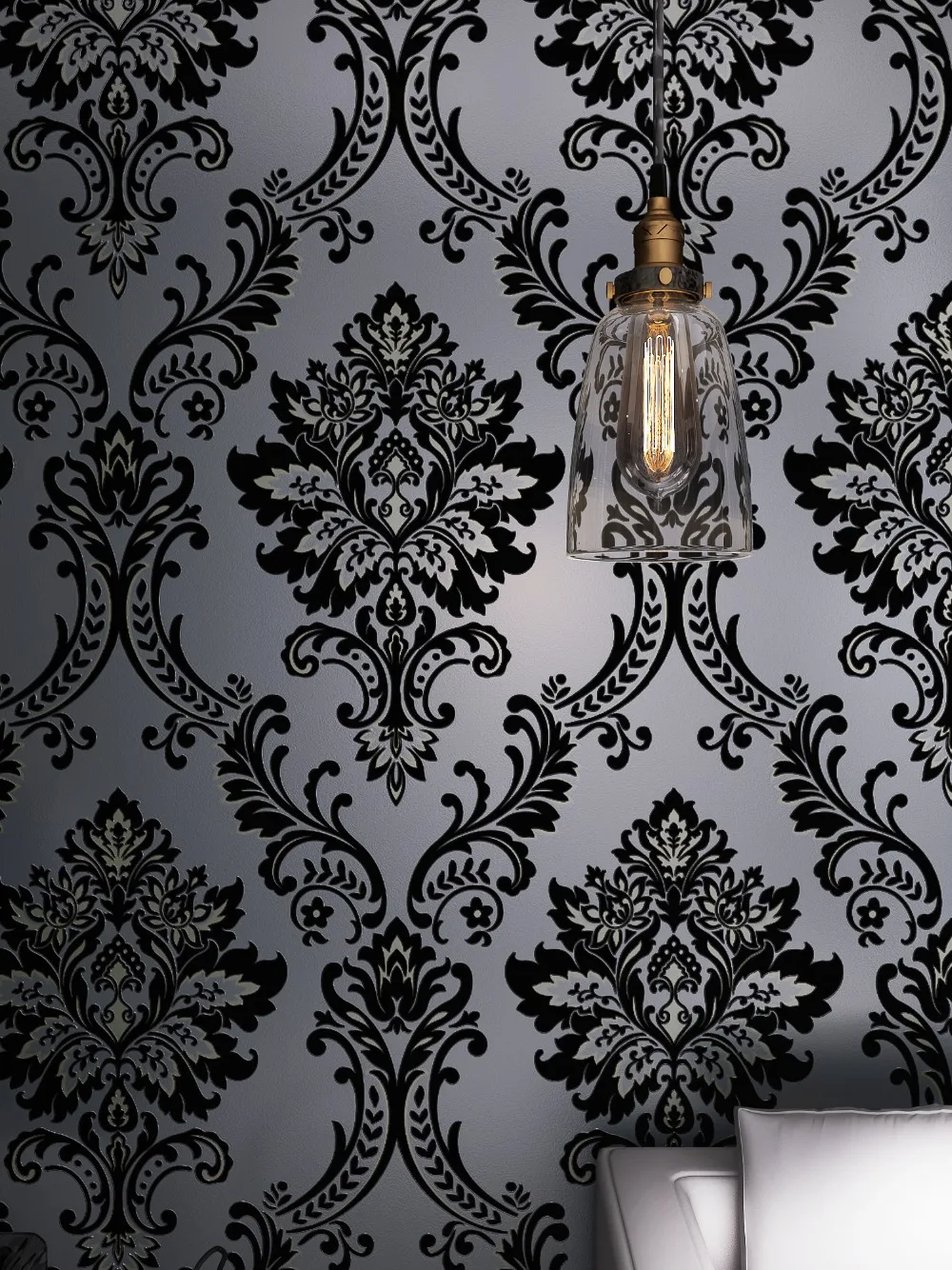 

Classic Mystery Black Velvet Flocking Damask Wallpaper Textile Wallcovering