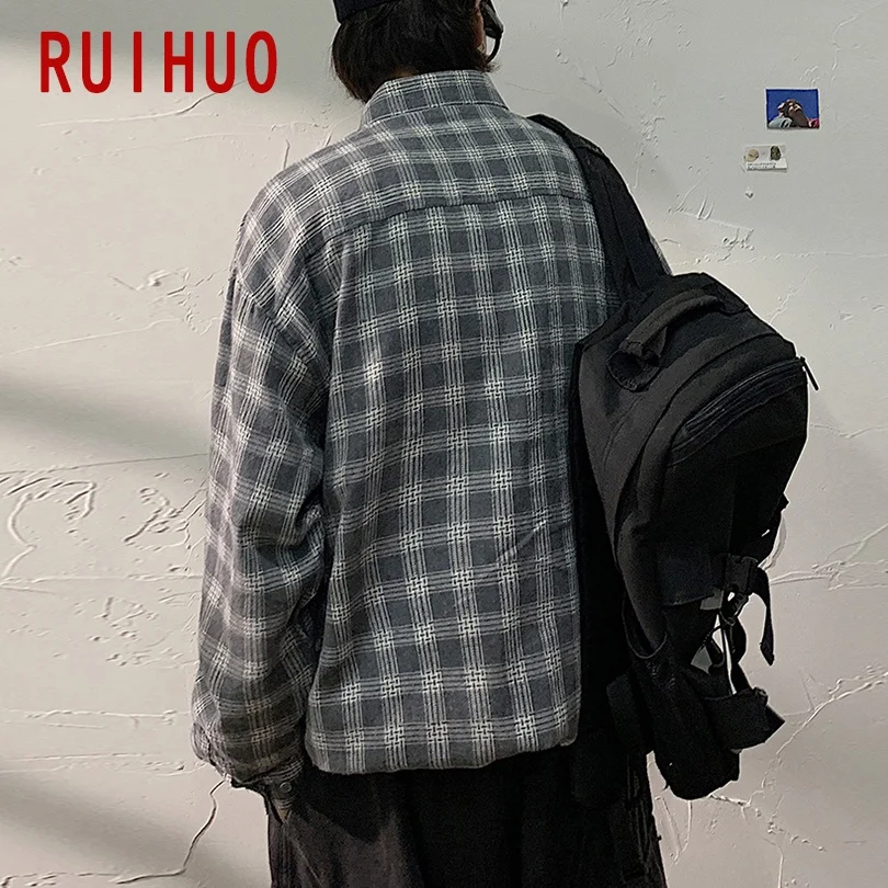 RUIHUO на каждый день в красно черную клетку рубашки для мужчин Slim Fit хлопковые