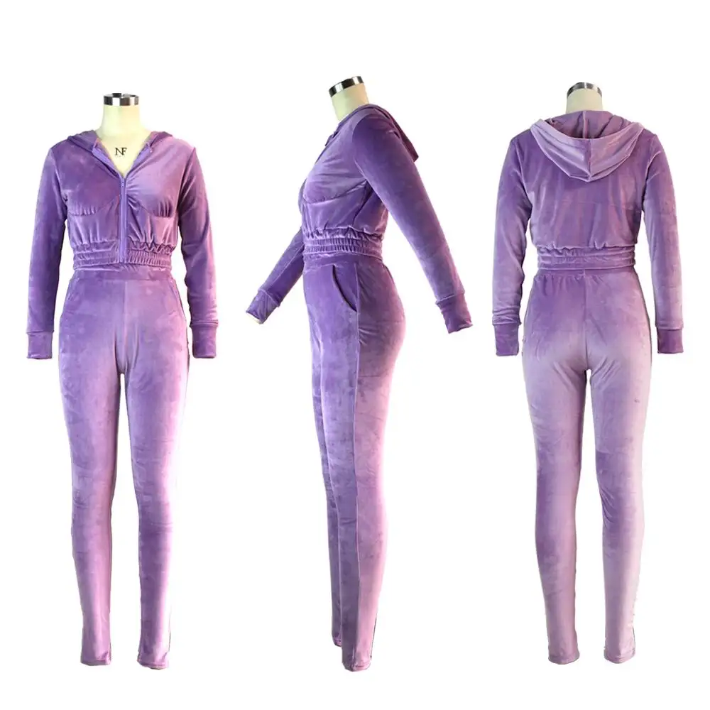

Women Bodycon Clubwear Tracksuit Sportswear Zipper Velour Long Sleeve Jacket Velvet WorkoutPants Sweatsuit Jogging