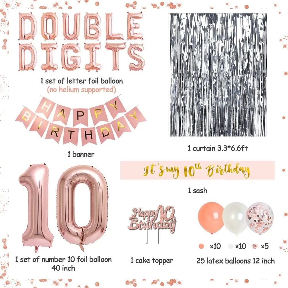 Conjunto de bandas y globos para decoraci&oacute;n de fiestas de cumplea&ntilde;os, pancarta para tarta de feliz 10 cumplea&ntilde;os, de doble d&iacute;gitos, oro rosa, para ni&ntilde;a-5