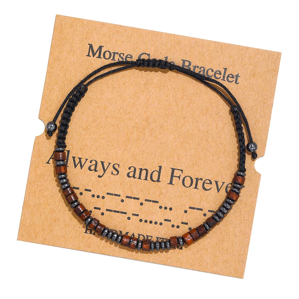 

New Wood Hematite Stone Beaded Charm Bracelet For Friendship Handmade Morse Code Beads Adjustable Black String Bracelet Lover