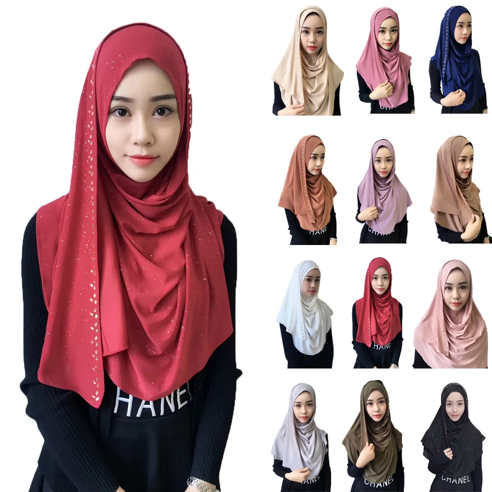 

Muslim Hijab Women Long Scarf Malaysia Instant Hijabs Sprink Gold Bronzing Scarves Islamic Worship Turban Shawl Head Wrap Arab